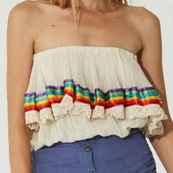 🏴☠️ Jen's Pirate Booty Rainbow Tube / Crop Top Cha Cha Natural cotton gauze 🌈 - Picture 1 of 3